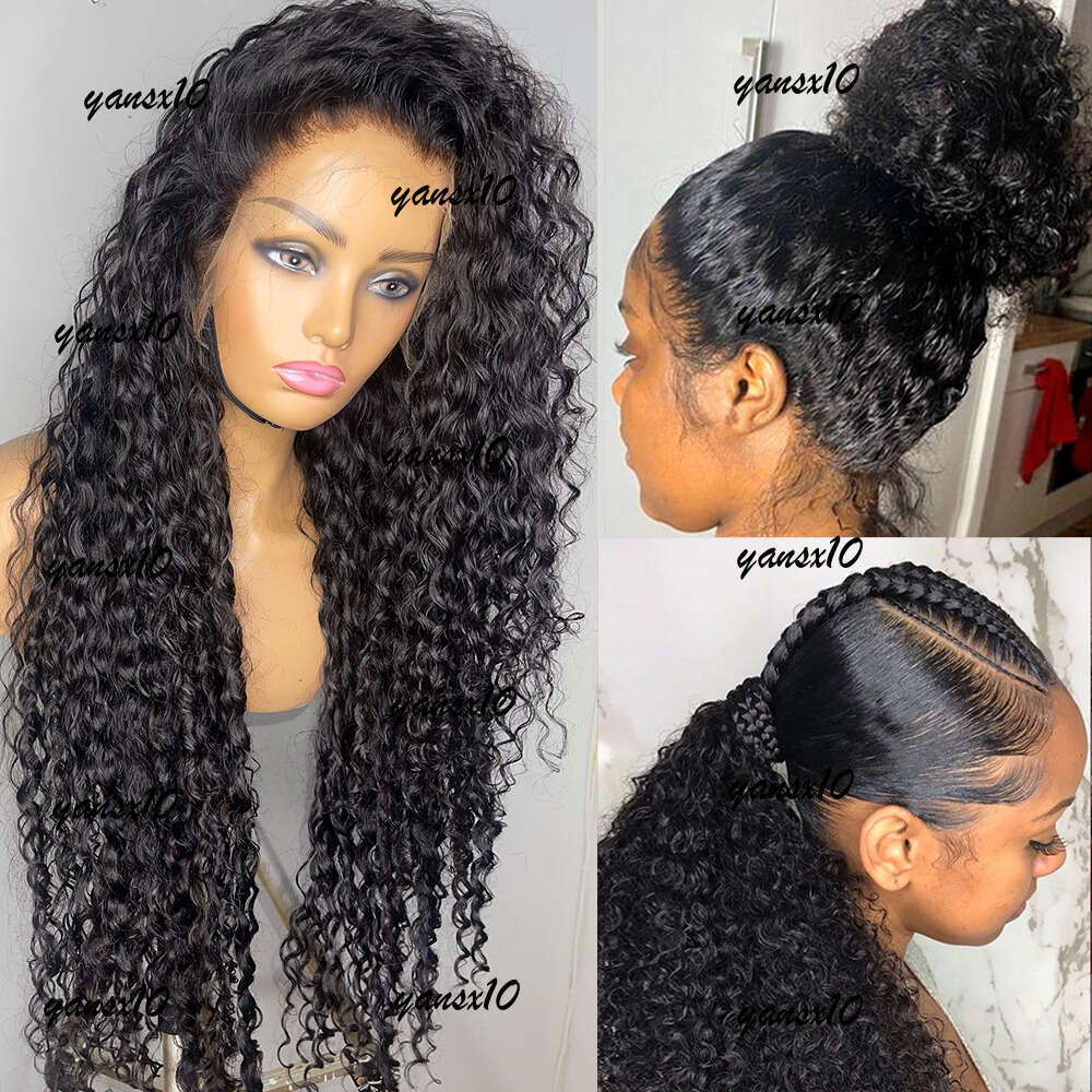 180density Curly Human Hair Black Color 360 Glueless Full Front Wig 36 Inch 13x4 HD Lace Frontal Wigs for Women Water Wave Transparent Synthetic Prepl