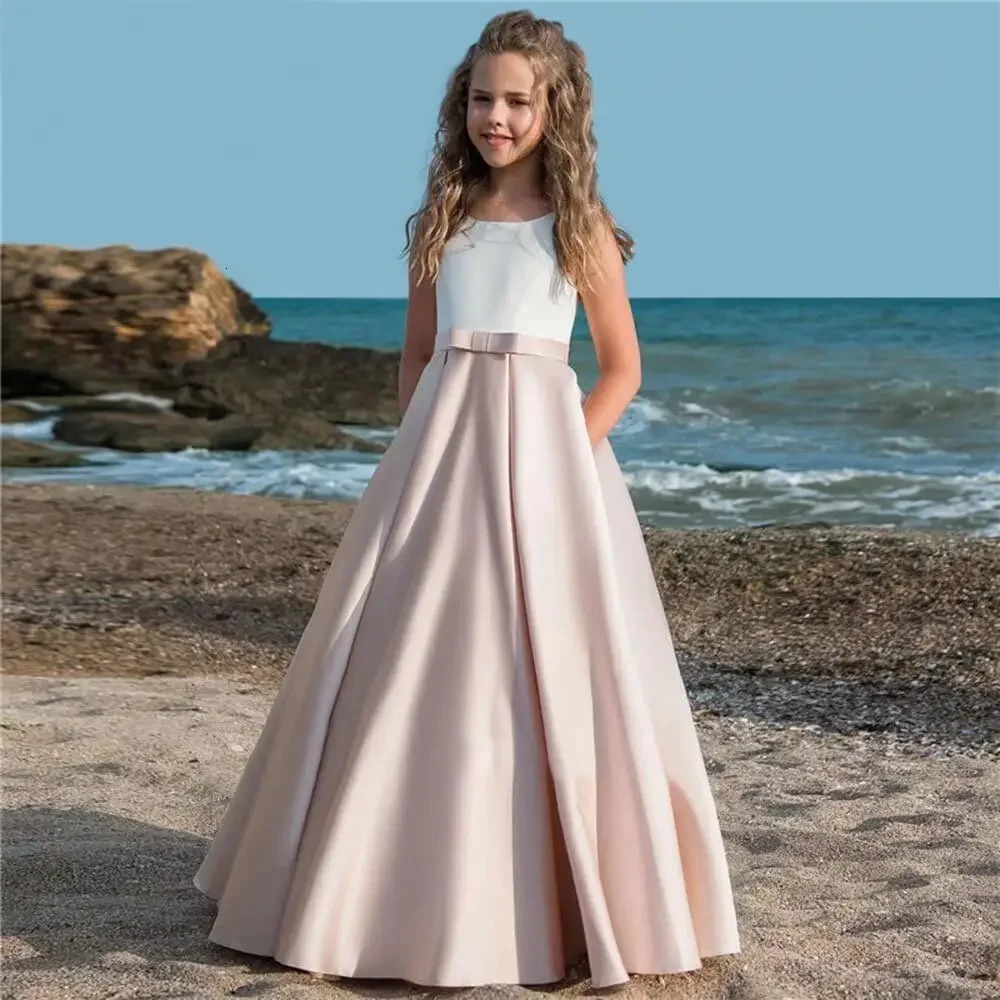 Satin Flower Girl Dress First Communion Dress Kids Wedding Ball Gowns Princess Party Girls Kids Pageant Dresses 250829