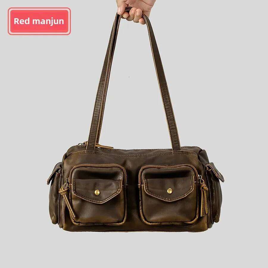 American Vintage Spicy Girl Style Multi-Pocket Underarm Women's Bag Niche Design Single Shoulder Motorcycle Soft Leather Handbag