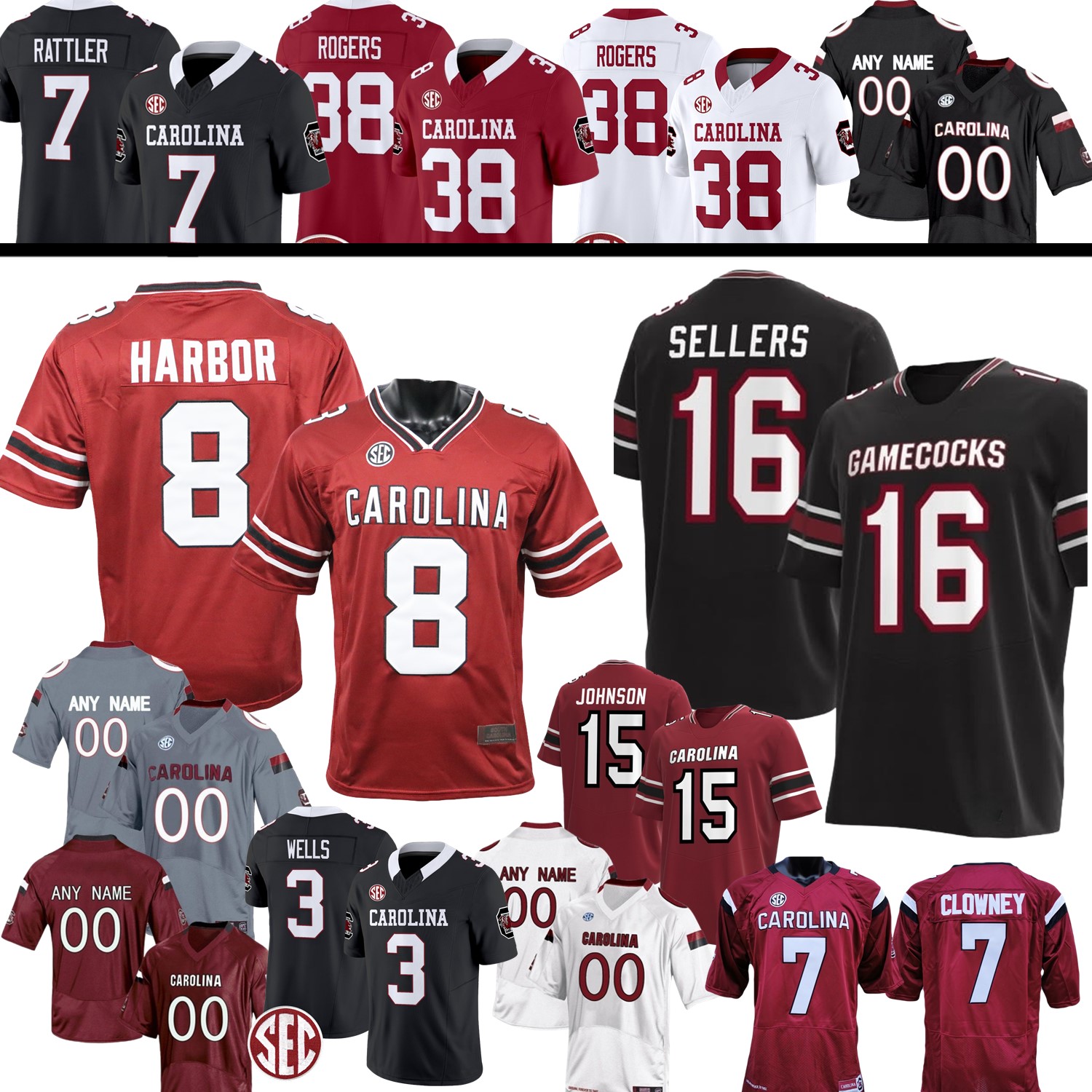 South Carolina Gamecock College Football Jersey LaNorris Sellers Noland Nyck Harbor Demon Clowney Jadeveon Clowney george rogers Stewart Brown Adaway III Clowney