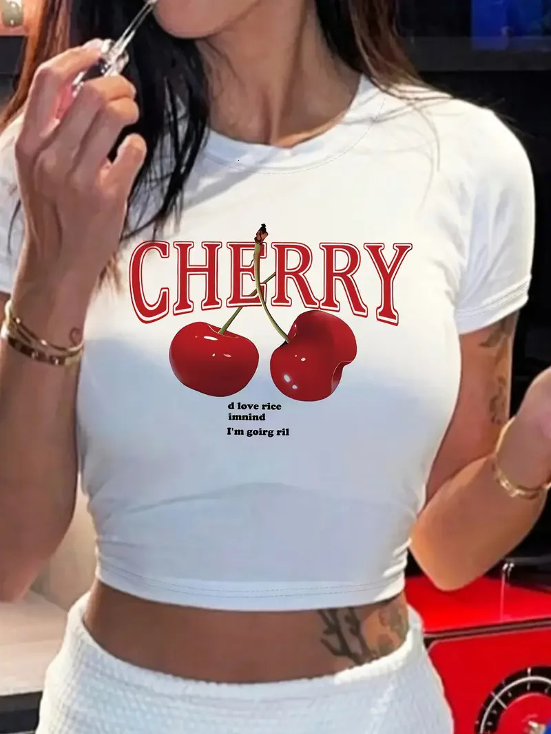 Fashion Cherry Print Crew Neck Tshirt Y2K Short Sleeve Tight Fit Crop Top Spring Summer Womens Clothing 250829