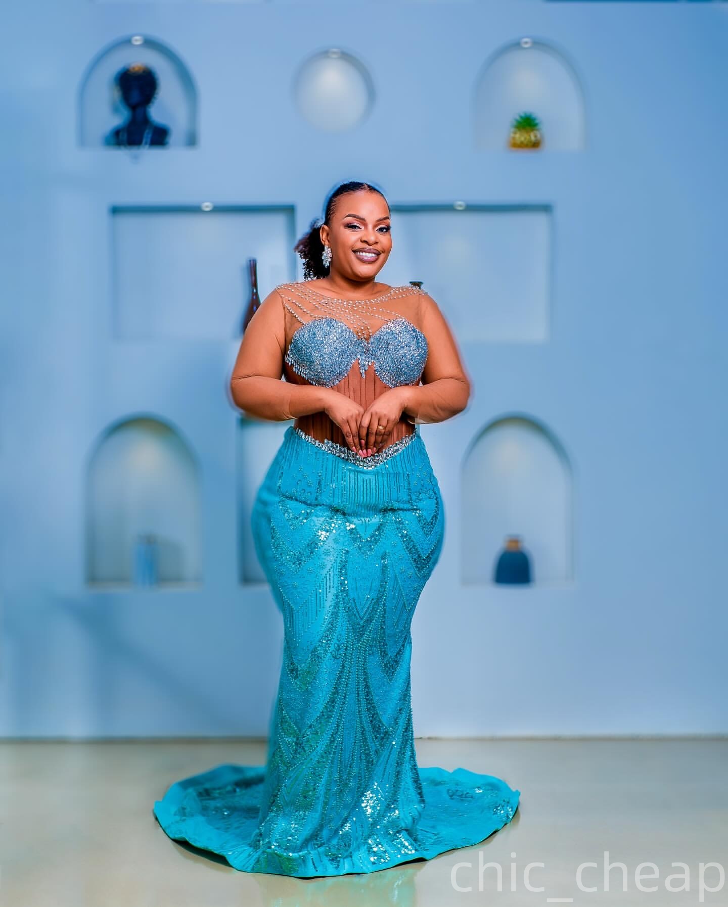 Aso Ebi Cerulean Blue Mermaid Prom Dress 2025 Beaded Crystals Sheer neck Evening Formal Party Birthday Dresses Robe De Sorrie Reception Gowns For Spec