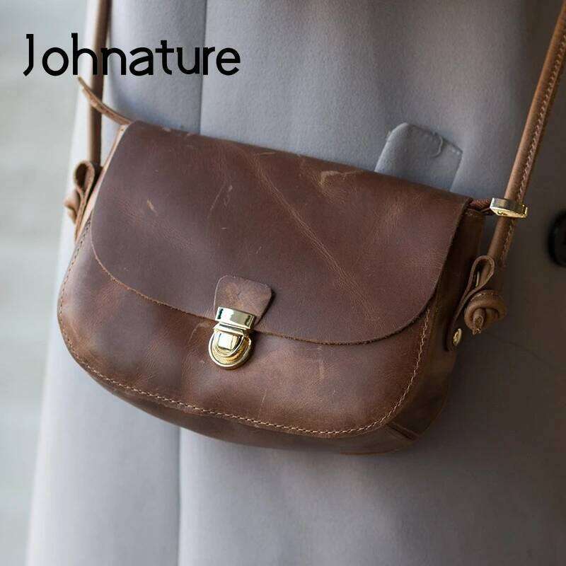 Johnature Retro Handmade Crazy Horse Leather Women Small Bag 2025 New Simple Nature Soft Cowhide Shoulder Messenger Bags