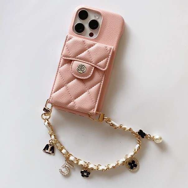 Luxury New iPhone 16 Pro Max Case Lychee Pattern Card Slot Handheld Chanel Style 14/15 Makeup Mirror