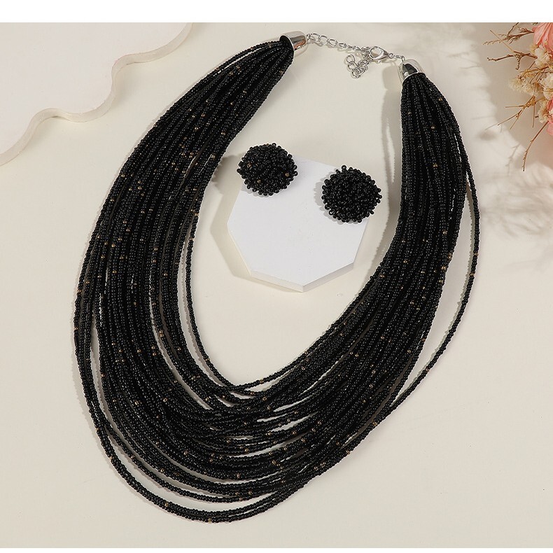 Luxury Brand Designer Jewelry Bohemian Multi-Layer Rice Bead Necklace And Earrings Set Vintage Ethnic Style Chain Women's Multi-Layer Jewelry