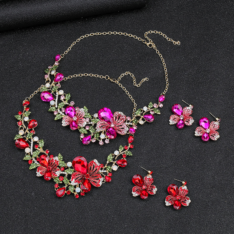 Luxury Brand Designer Jewelry European And American Foreign Trade Hot-Selling Exaggerated Luxury Necklace And Earrings Two-Piece Set Colorful Flowers 