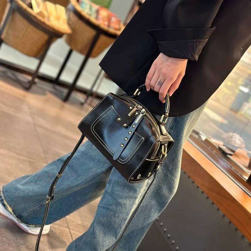 Women's Natural Cow Real Leather Crossbody Bag Ladies Cowhide Retro Designer Shoulder Handbag Female Commut Boston Bags