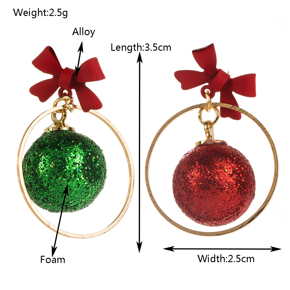 European American Christmas themed Glittering Ball Stud Earrings Hollow out Asymmetric Bow shaped Drop Earrings Stylish Alloy Earrings with Silver Nee