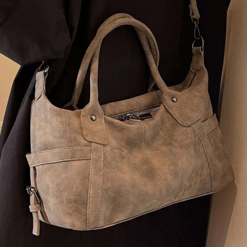 Maillard Khaki Suede Handbag For Women Large Quality Nubuck Leather Female Retro Crossbody Bag Ladies Big Commuter Shoulder Bags