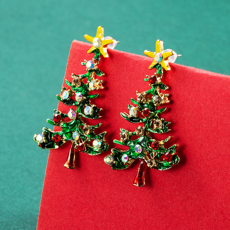 Christmas Collection Stylish Simple Versatile Alloy Enamel filled and Diamond inlaid Christmas Tree Earrings for Women