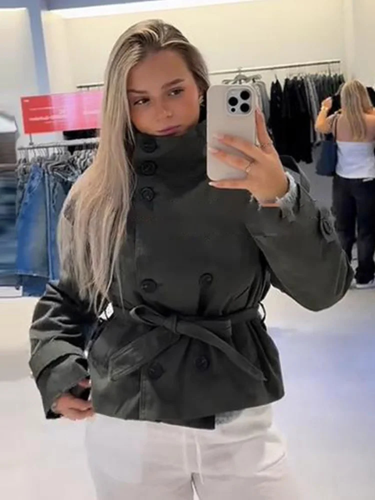 2025 Autumn Stand Collar Trench Coats For Women Fashion Long Sleeve Belt Double Breasted Jacket Lady High Street Chic Outerwear 250829