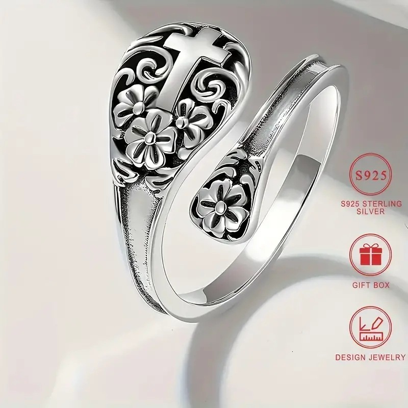 Luxury Brand Designer Jewelry European And American 1Pc Silver Spoon Vintage Flower Ring Unisex Fashion Style Adjustable Open Ring