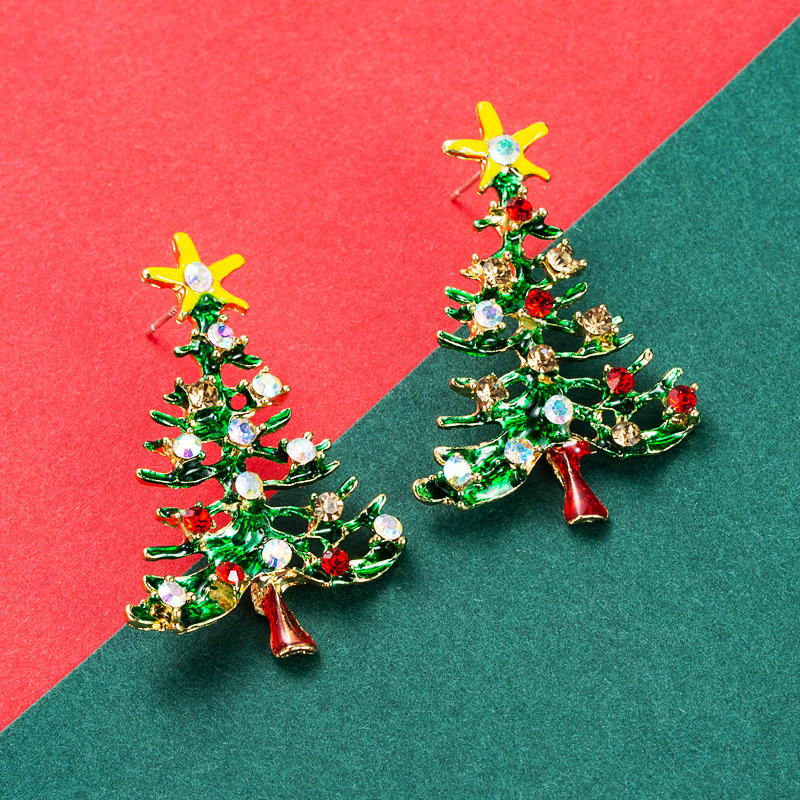 Christmas Collection Stylish Simple Versatile Alloy Enamel filled and Diamond inlaid Christmas Tree Earrings for Women