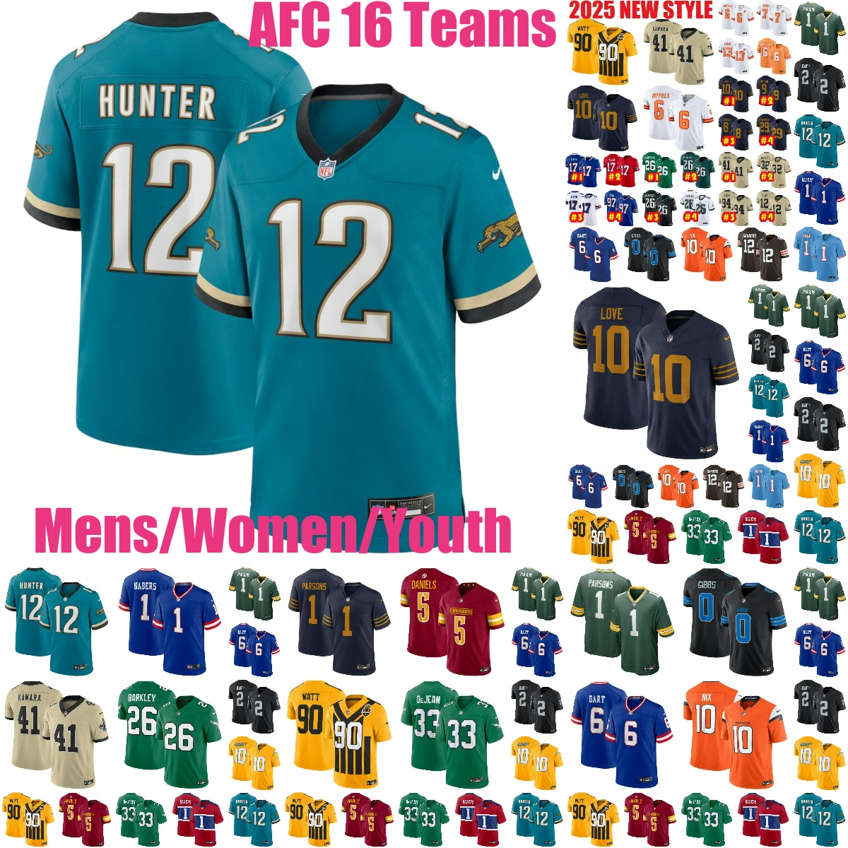 16AFCteams Travis Hunter Football Jersey Shedeur Sanders Josh Allen Drake Maye Ashton Jeanty Kyle Hamilton Bo Nix Maxx Crosby T.J. Watt Joe Burrow DK Metcalf