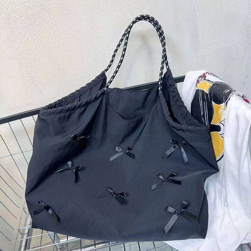 Fashion Women's Versatile Large Capacity Folding Single Shoulder Shopping Bag Simple Casual Bow Handbag