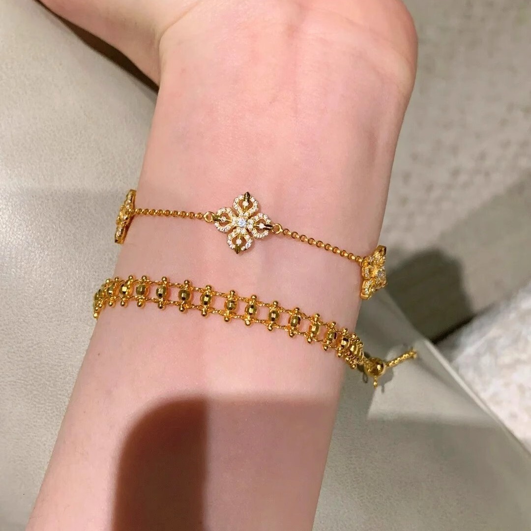2025 Gold Cross Zircon Dia Chain Five Flower Bracelet for Women Niche Design New Chinese Style Bangle Jewelry