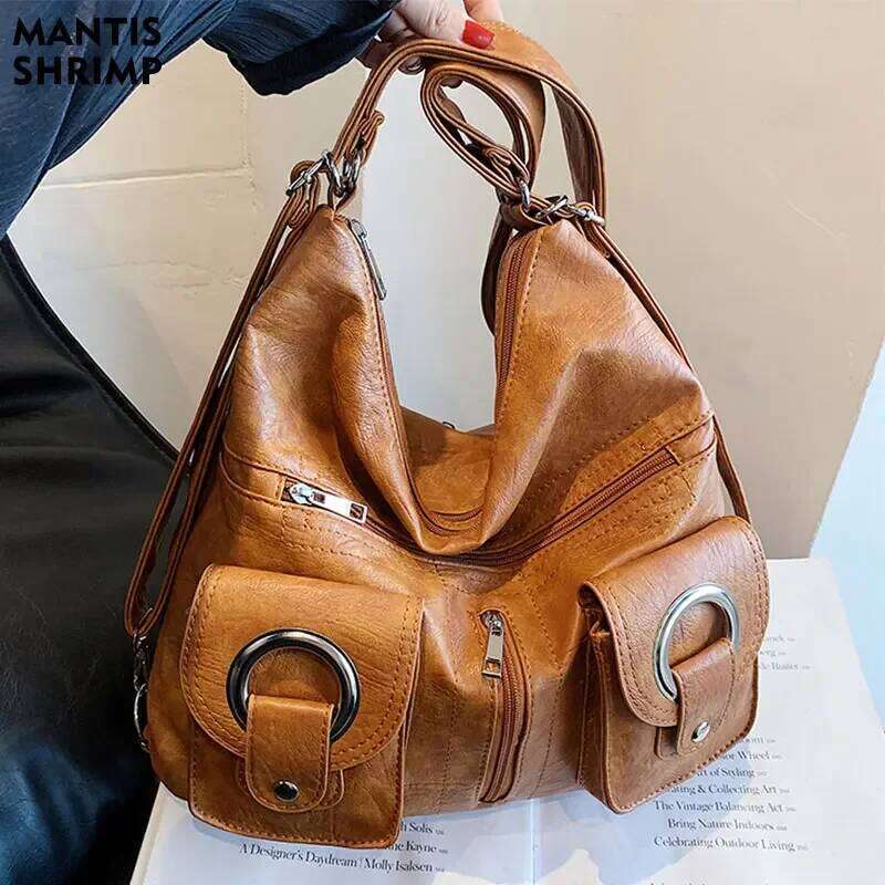 Women Soft PU Leather School Bag Casual Multifunctional College Large Capacity Shoulder Bags Travel Tote Messenger Pack