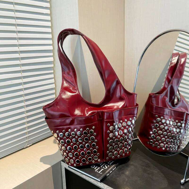 Fashion Women's Punk Style PU Leather Underarm Large Capacity Rivet Studded Handbag Ladies Solid Tote Motorcycle Bag