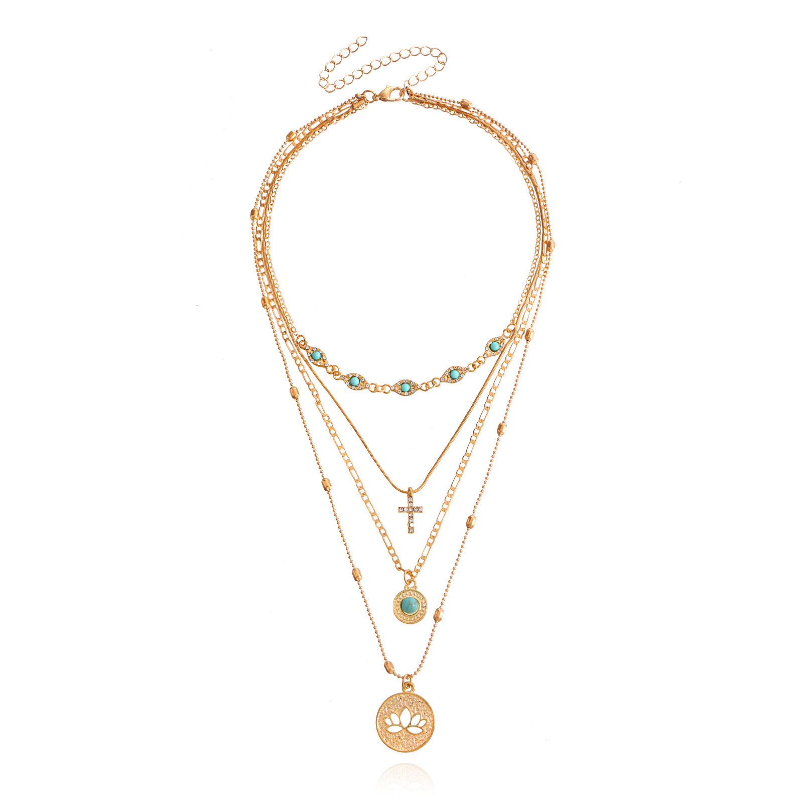 Jewelry Fashion Multi-layer Small Hole Chain Hollow Flower Inlaid Dia Cross Pendant Necklace for Women - view 7