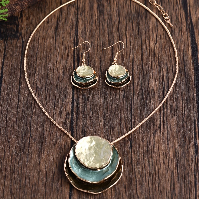 Bohemian three-layer round zinc alloy enamel jewelry set cute and elegant lady girlfriend holiday party gift necklace earrings 1 set