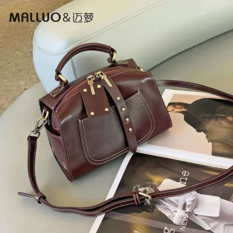 Women's Natural Cow Real Leather Crossbody Bag Ladies Cowhide Retro Designer Shoulder Handbag Female Commut Boston Bags