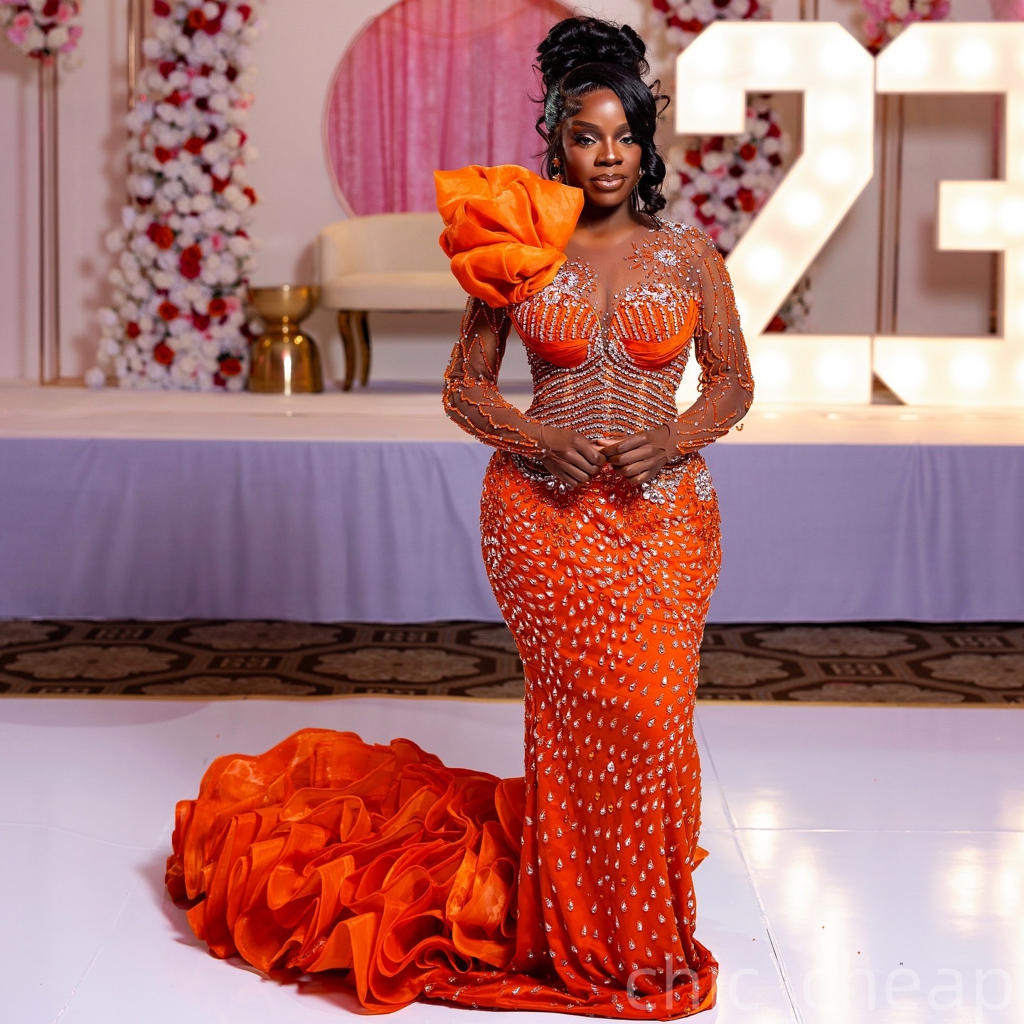 Mermaid Orange Prom Dresses 2025 Luxurious Crystals Sheer Neck Evening Formal Party Second Birthday Engagement Gowns Plus Size Dress For Special Occas