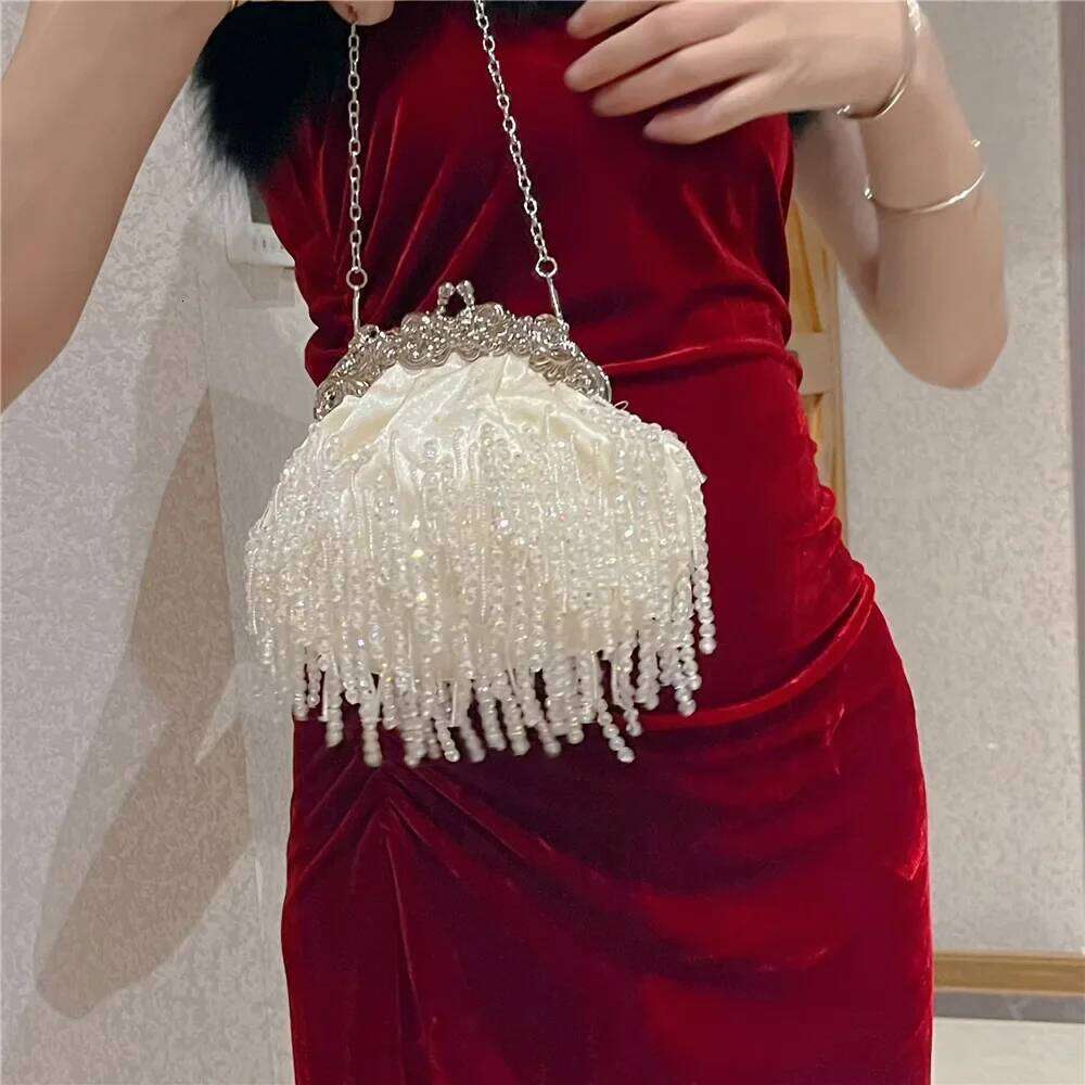 Beaded Tassel Gold Lady Pearl Chain Satin Small Bag Purses And Handbags Designer Evening Bags