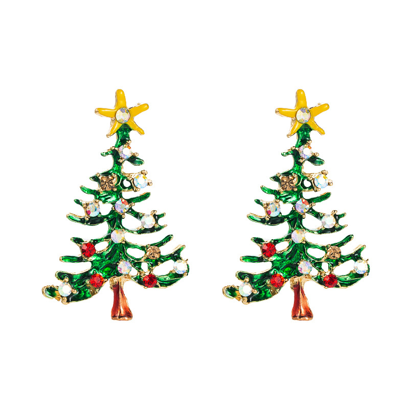 Christmas Collection Stylish Simple Versatile Alloy Enamel filled and Diamond inlaid Christmas Tree Earrings for Women