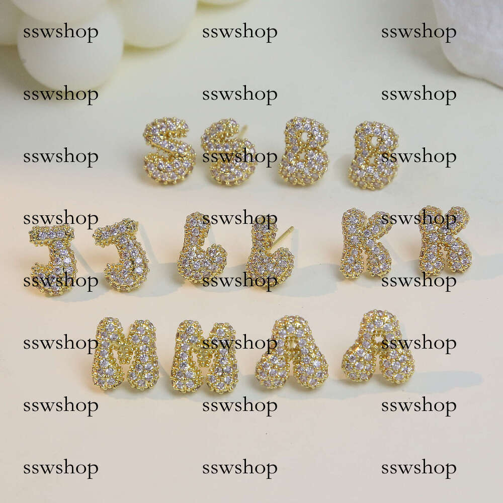 Brass Balloon Bubble Zircon Small 26 English Cute Letter Stud Earrings Fashion Ear Jewelry