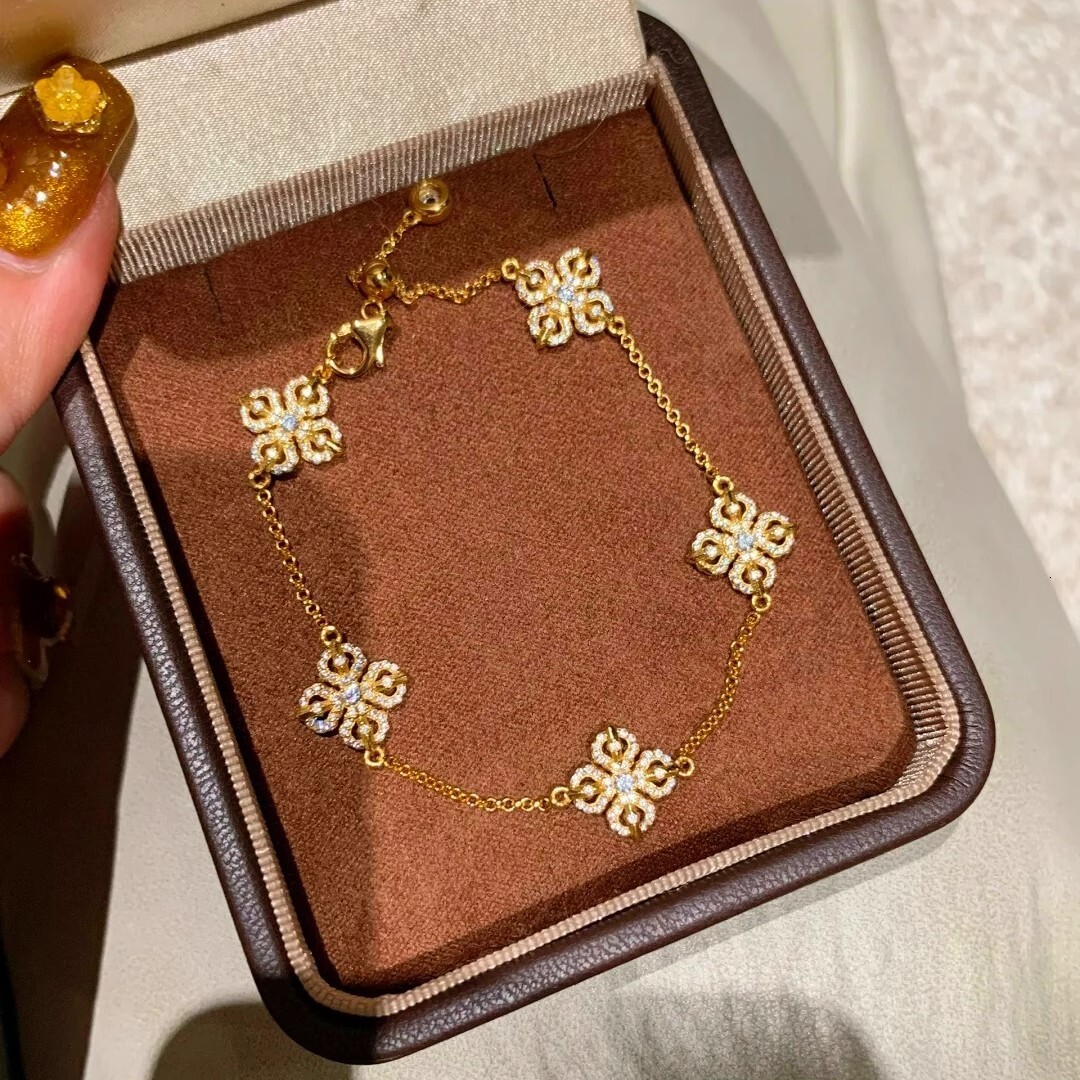 2025 Gold Cross Zircon Dia Chain Five Flower Bracelet for Women Niche Design New Chinese Style Bangle Jewelry