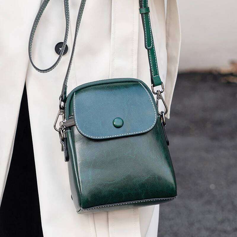 Women's Oil Wax Cow Leather Handbags Female Cowhide Vintage Shoulder Bag Ladies High Quality Phone Crossbody Bags Lady