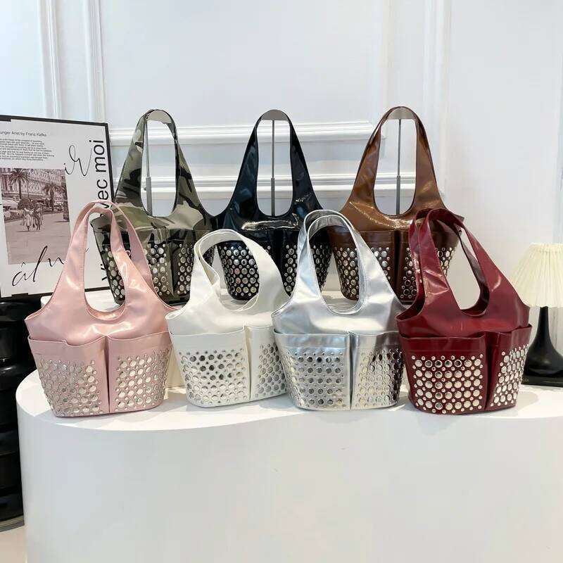 Fashion Women's Punk Style PU Leather Underarm Large Capacity Rivet Studded Handbag Ladies Solid Tote Motorcycle Bag