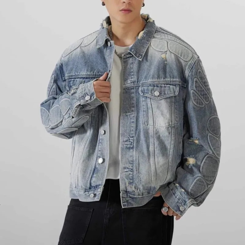 American Loose Hole Denim Jacket Mens Spring Broad Shoulder Rugged Handsome Coat Armor Design Motorcycle Jean Streetwear 250819