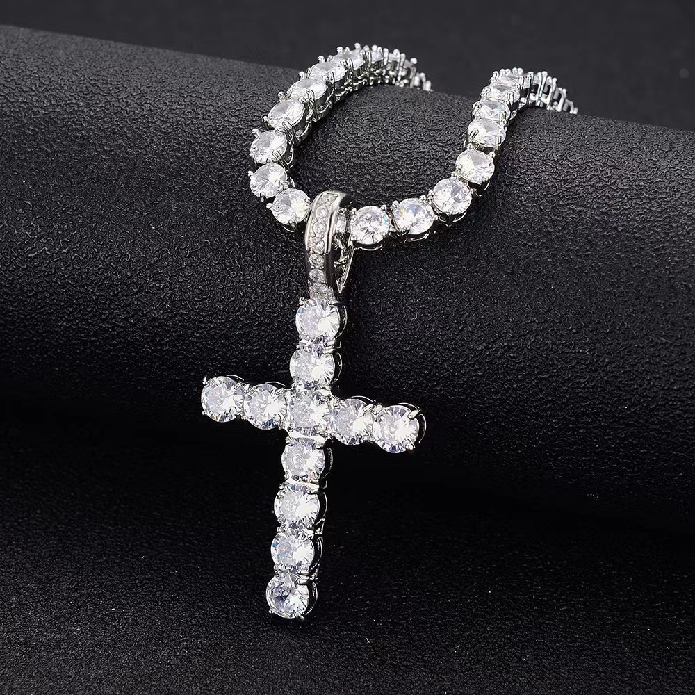 New Arrival Hot Sell Iced Out 5MM Width 925 Sterling Silver VVS Moissanite Rosary Cross Tennis Chain Necklace