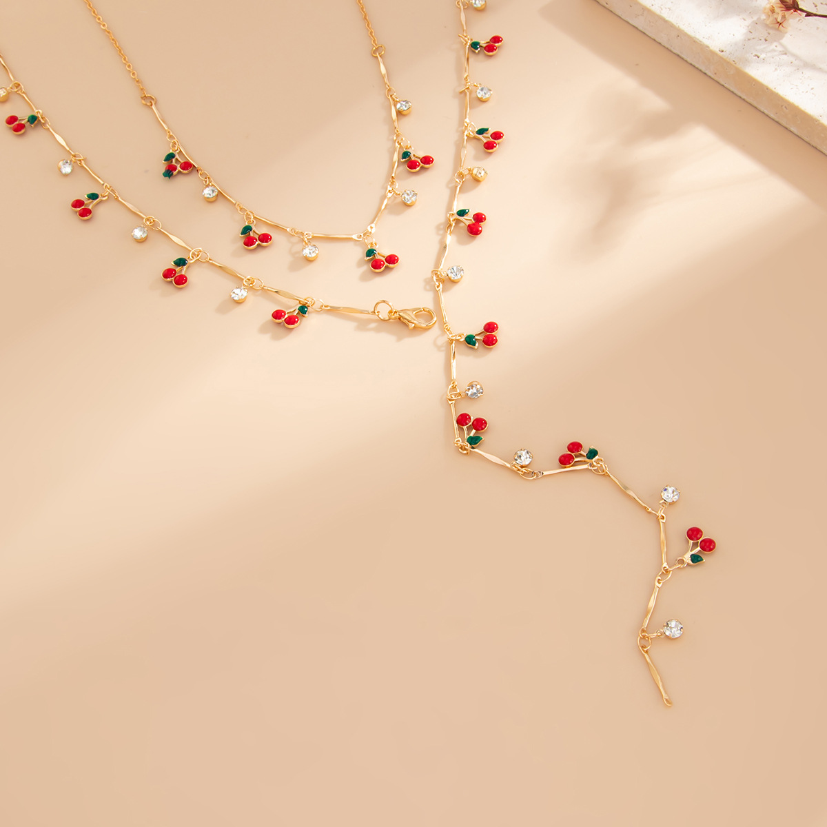 European American Jewelry Summer inspired Sweet Cherry Y shaped Pendant Necklace Elegant Minimalist Crystal Collarbone Chain for Women