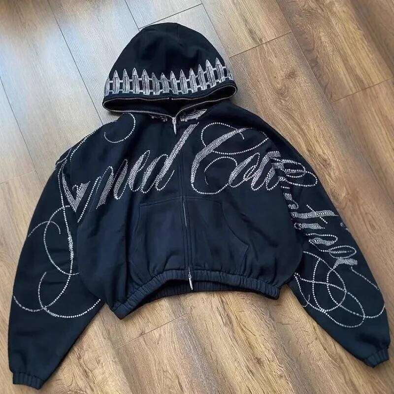 Retro High Street Fashion Trend Letter Gothic Hot Stamping Men And Women Loose Zipper Hooded Sweatshirt Y2k Hip Hop Short Jacket