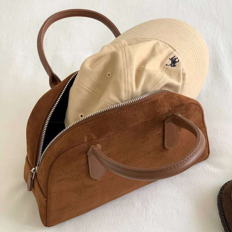 Korean Casual Boston Bag For Women Designer Handbags And Purses 2024 New In Faux Suede Vintage Nubuck Leather Carry Wrist