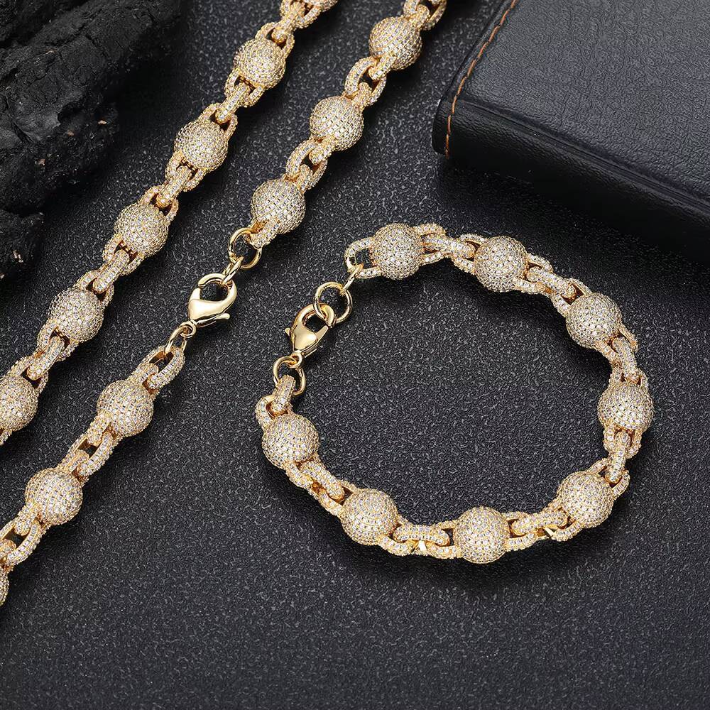 Womens Fashion 8mm Iced Out Diamond Bead Chain Necklace Hip Hop Style Personalized Silver Plated Zircon Chain Jewelry Gift