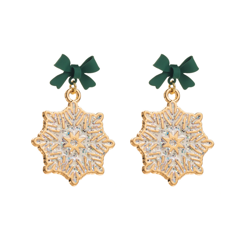 New Christmas themed Earrings Alloy S925 Silver Needle Bow shaped Earrings with Enamel filled and Diamond inlaid Snowflake Droplets Best selling
