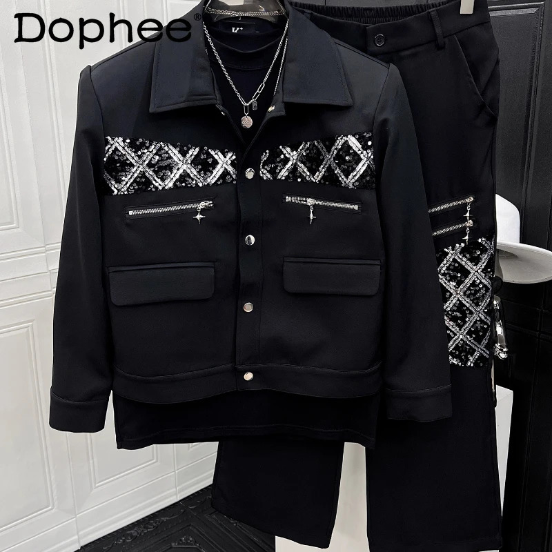 Male Autumn Handsome Niche Sequined 2pcs Splicing Loose Shoulder Pads Fashion Twopiece Sets Highend Trendy Jacket Set 250829