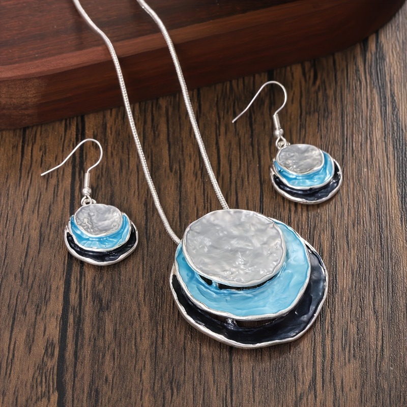 Bohemian three-layer round zinc alloy enamel jewelry set cute and elegant lady girlfriend holiday party gift necklace earrings 1 set