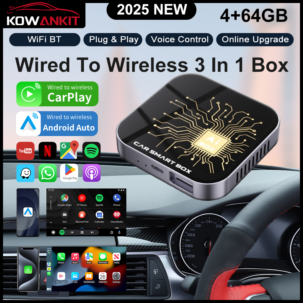 Kowankit Wireless Carplay Android Auto AI Box, Plug & Play Fits Cars,3in1 QCM6115 4 + 64 GB Android 13 Car Accessories Interior Adapter, USB-Powered, 
