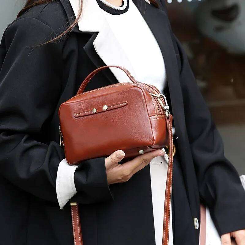 Original Cowhide Leather Women Mobile Phone For Girls Square Shoulder Handbag Solid Color Fashion Bag Wholesale Suppliers