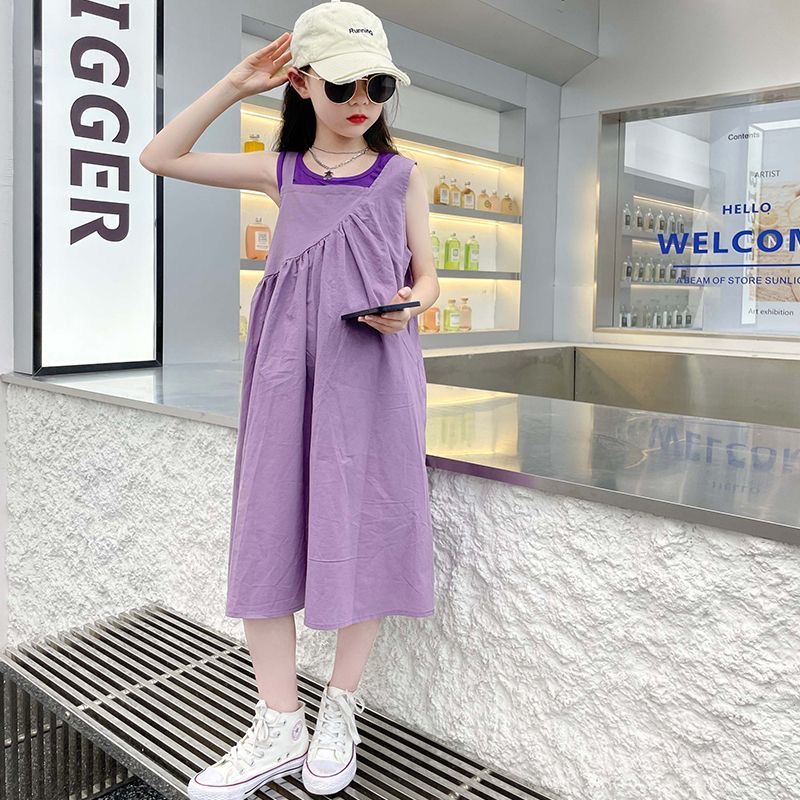 D278 Girls T-shirt d'été Suit moyen et grand enfant à manches courtes à épaules dénudées jupe à manches courtes 2025 Nouvelle jupe longue décontr