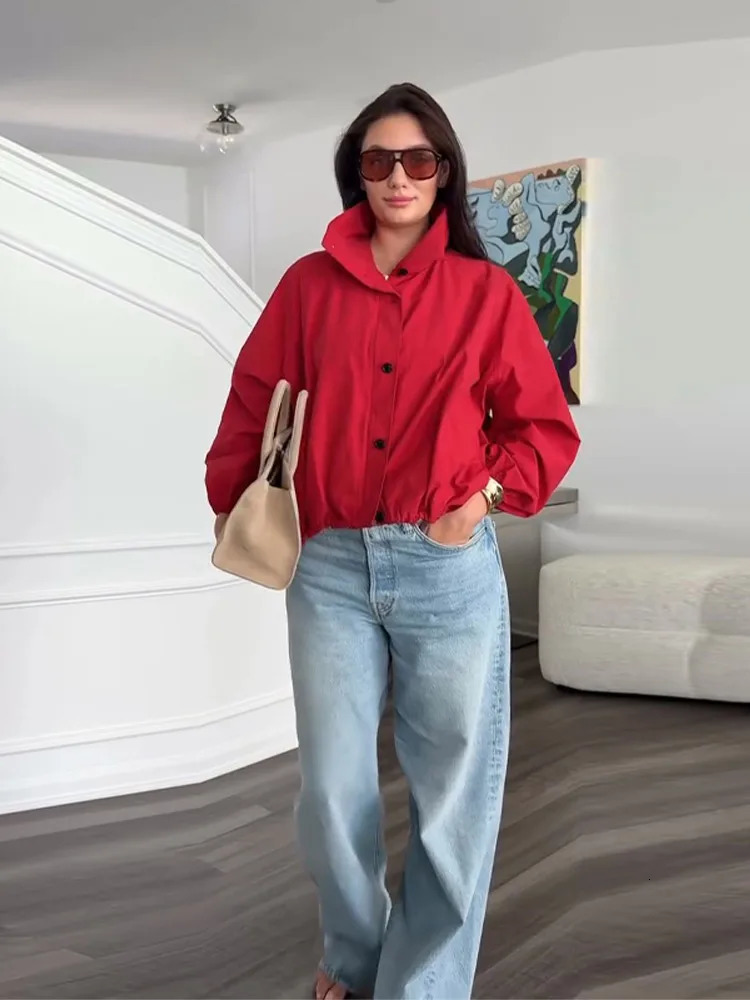 Women in Jackets Outerwears Street Red Stand Long Sleeve Button Zipper Bomber Coats 2025 Autumn Chic Ladies Short Jackets 250 c9c
