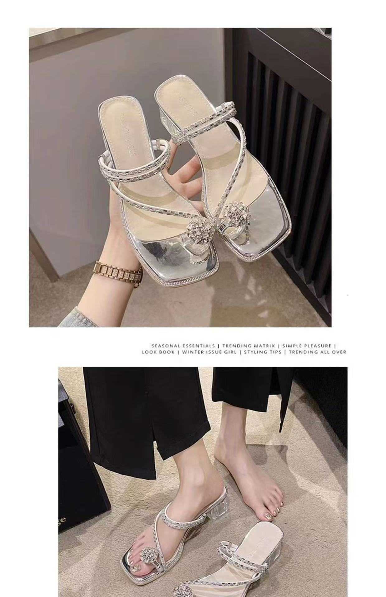 Women's platform sandals 2025 summer new style open-toe stiletto heel water droplet embellished square toe transparent thick heel outerwear style