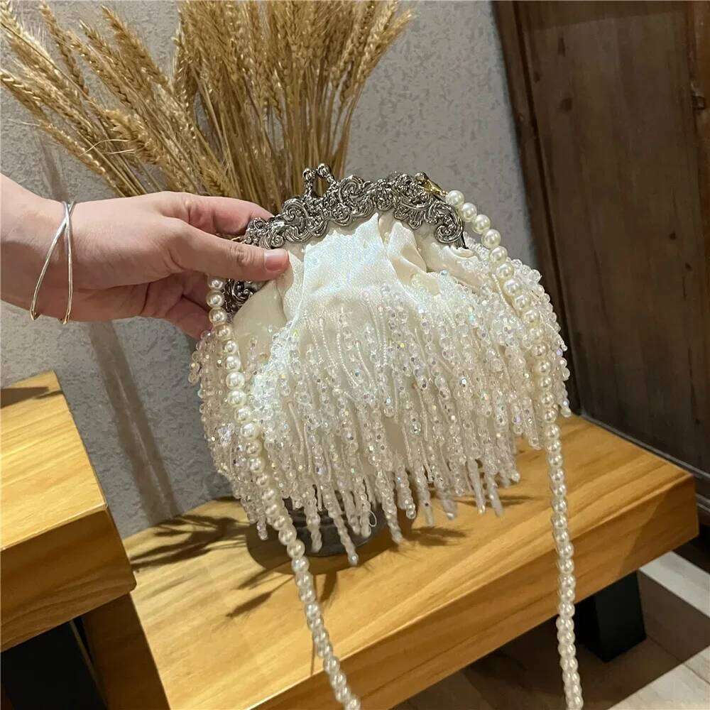 Beaded Tassel Gold Lady Pearl Chain Satin Small Bag Purses And Handbags Designer Evening Bags