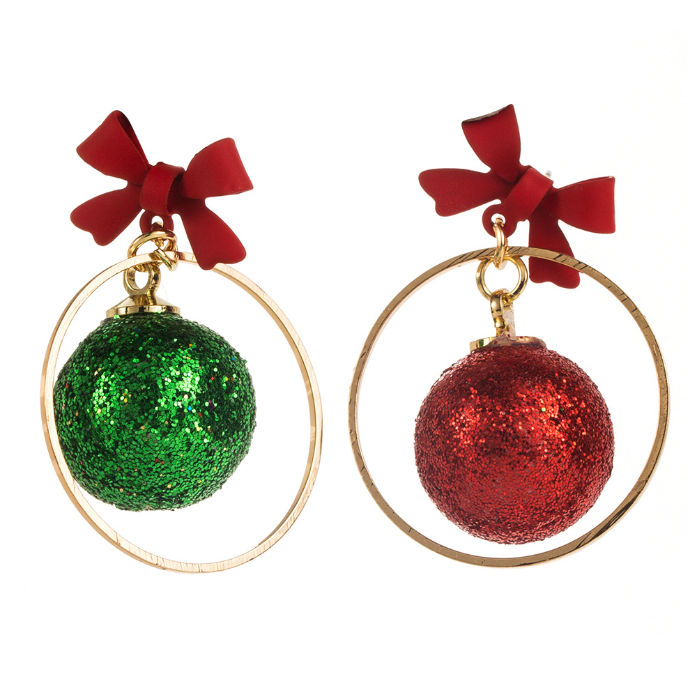 European American Christmas themed Glittering Ball Stud Earrings Hollow out Asymmetric Bow shaped Drop Earrings Stylish Alloy Earrings with Silver Nee