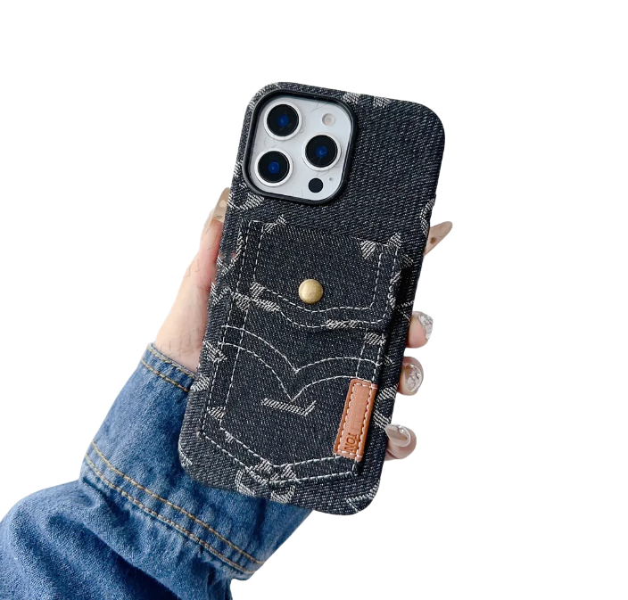 Étui de téléphone de jean denim de luxe pour Apple iPhone 17 16 15 14 13 12 Pro MAX CARDE SLOT POCKET Rangement Coque Designer portable monogramm