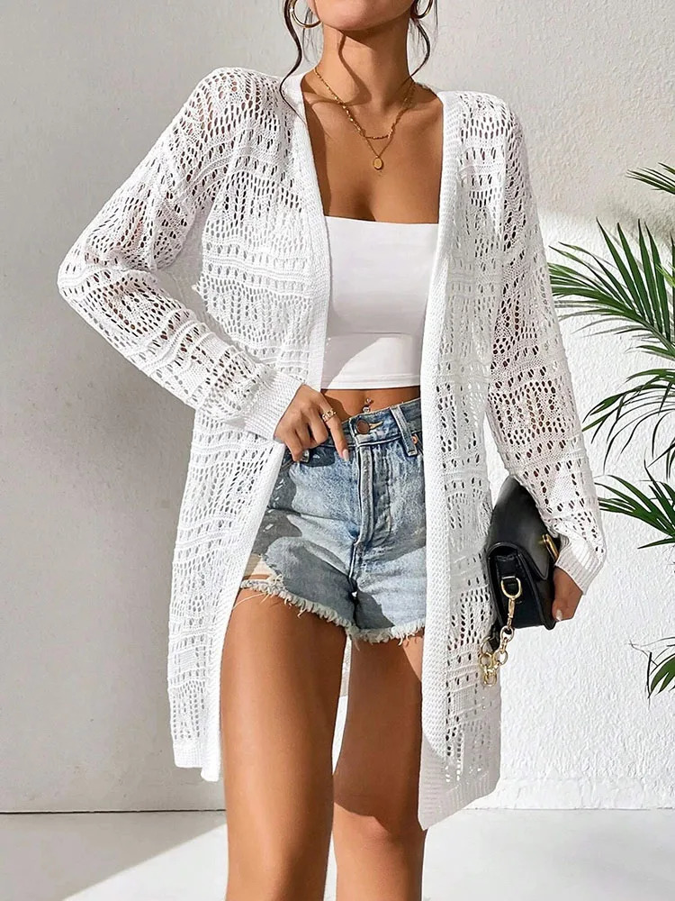 Polyester 10000 solid color knitted cardigan with sun shading and loose fitting fashion mid length elegant sweater 250819e